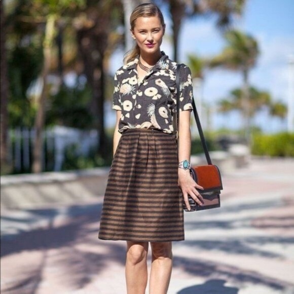 MADEWELL Linen & Silk Blend Striped Pleated Skirt Brown & Black Stripe Size 0 - Picture 6 of 13